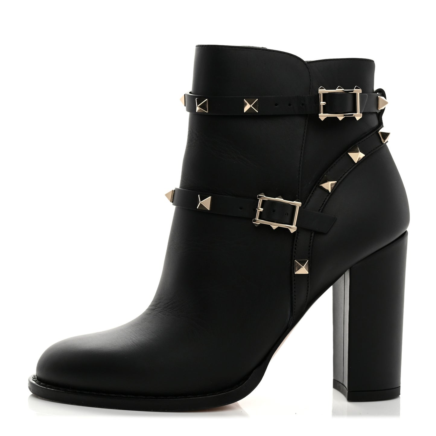 Pebbled Calfskin Rockstud Double Buckle 70mm Block Heel Ankle Boots 36.5 Black