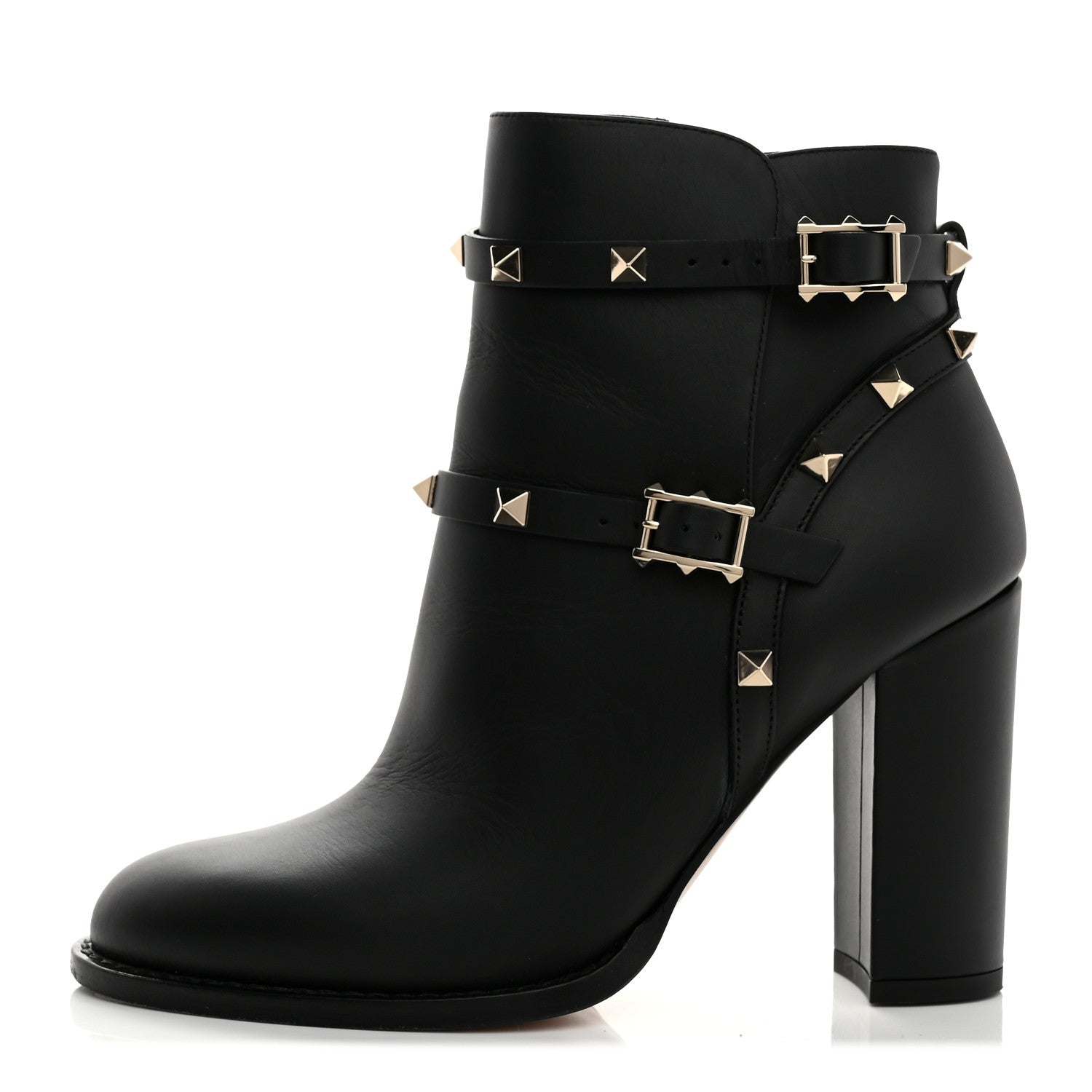 Valentino Garavani Pebbled Calfskin Rockstud Double Buckle 70mm Block Heel Ankle Boots 36.5 Black 1 of 9