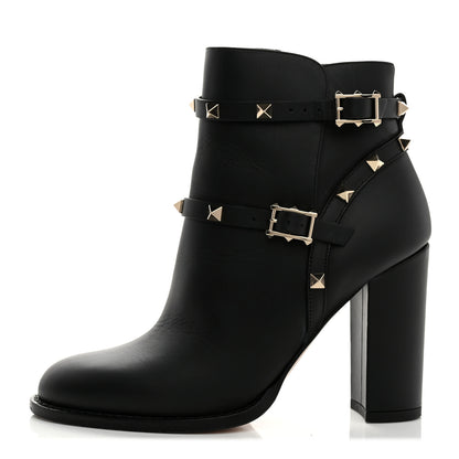 Valentino Garavani Pebbled Calfskin Rockstud Double Buckle 70mm Block Heel Ankle Boots 36.5 Black 1 of 9