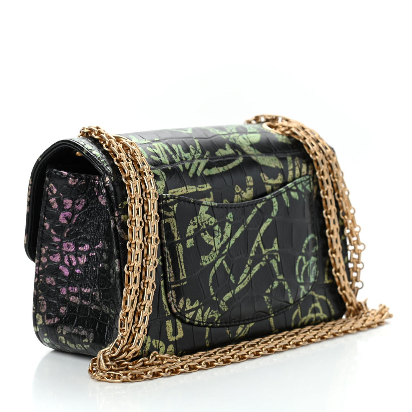 Calfskin Crocodile Embossed Graffiti 2.55 Mini Cocodile Reissue Flap Black Pink