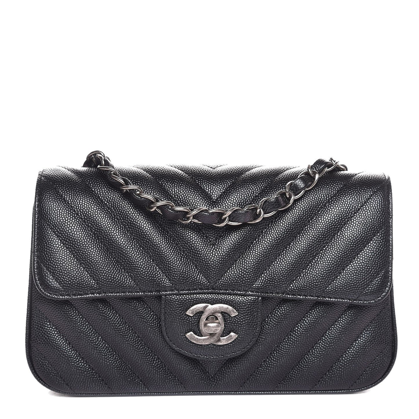Metallic Caviar Chevron Quilted Mini Rectangular Flap Black