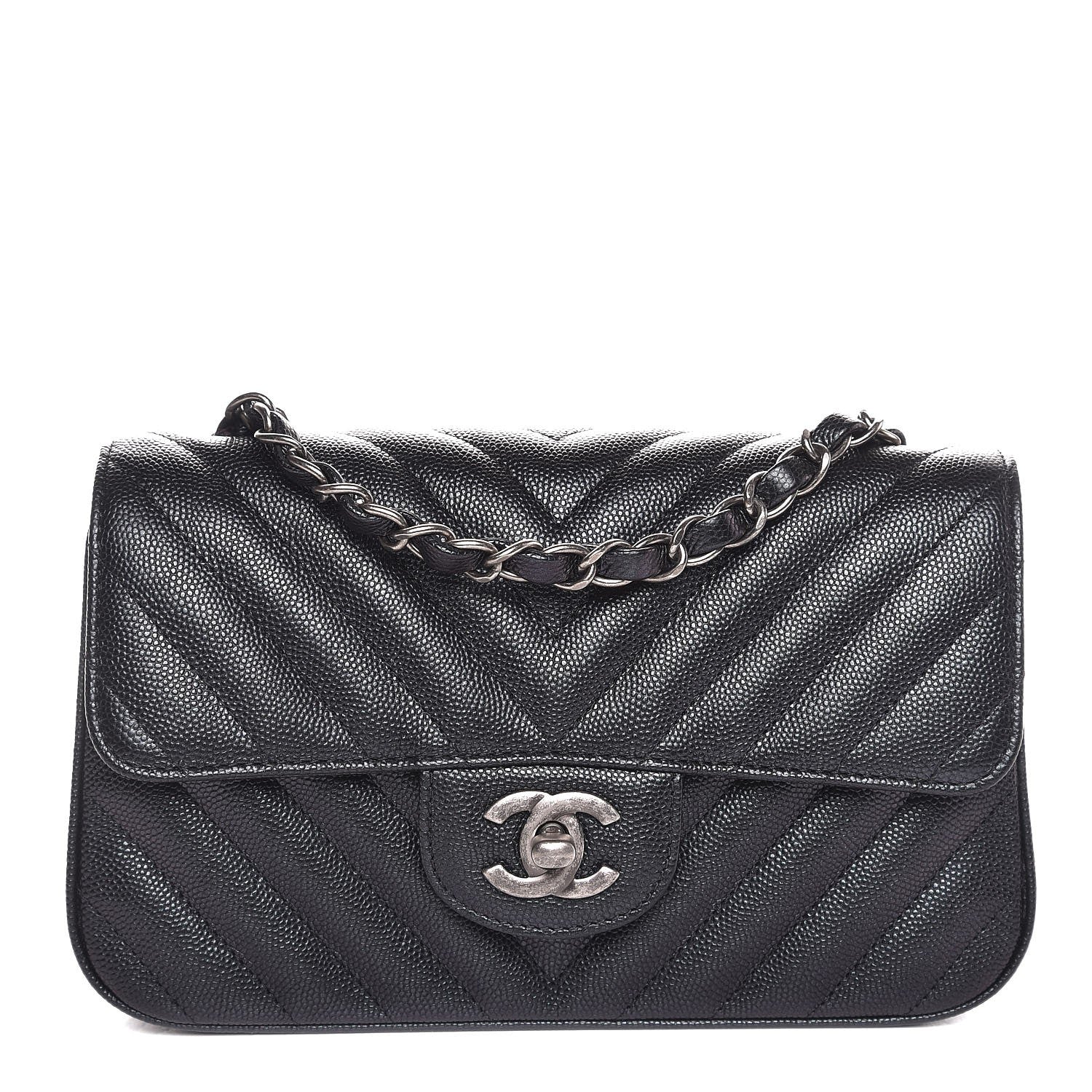 Chanel Metallic Caviar Chevron Quilted Mini Rectangular Flap Black 1 of 8
