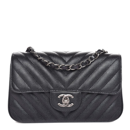Chanel Metallic Caviar Chevron Quilted Mini Rectangular Flap Black 1 of 8