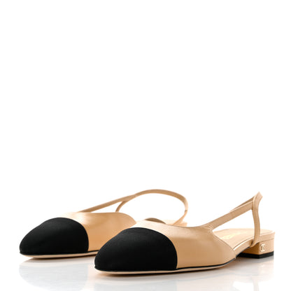 Chanel Lambskin Grosgrain Cap Toe CC Slingback Sandals 40 Beige Black 3 of 10