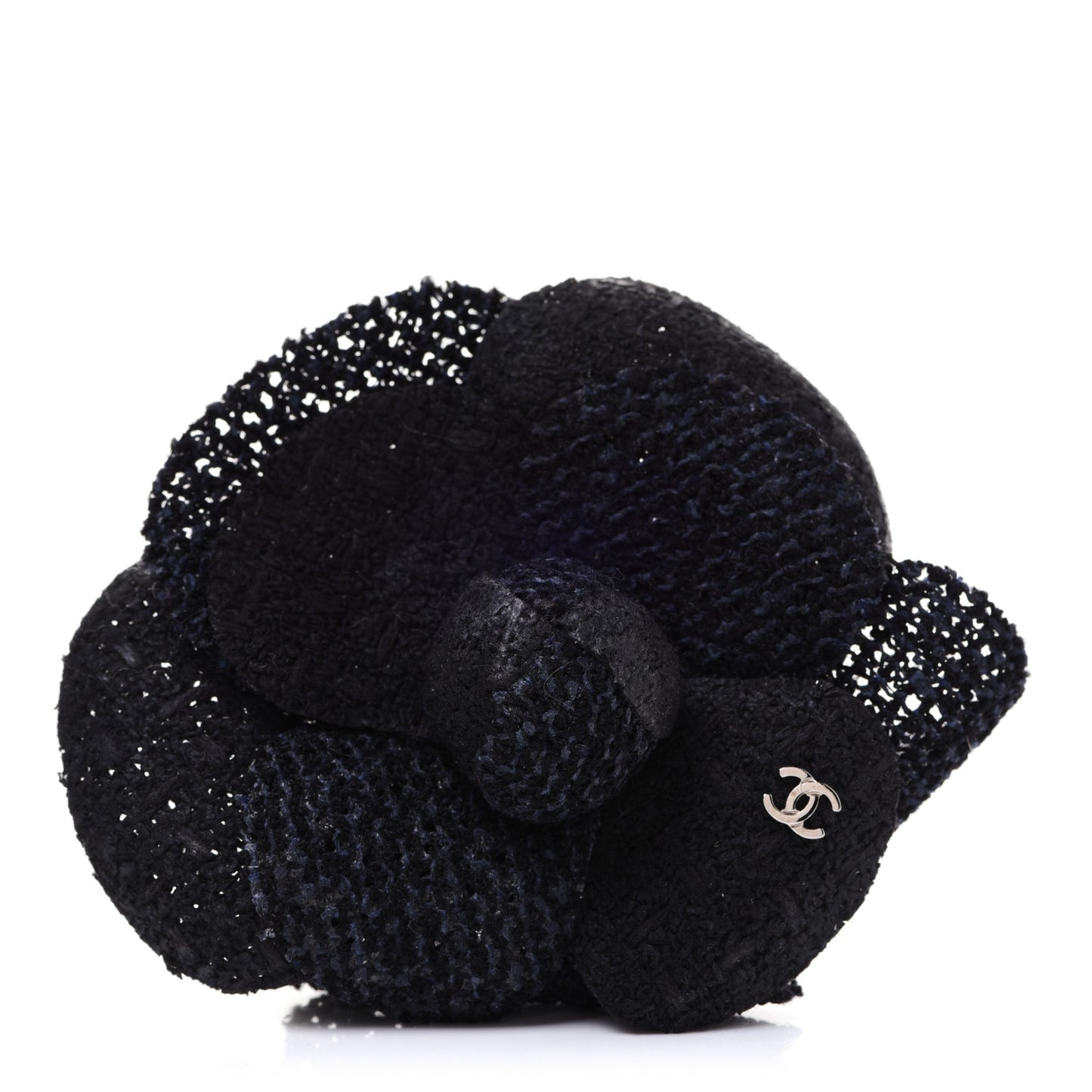 Tweed Camellia Pin Brooch Navy Blue