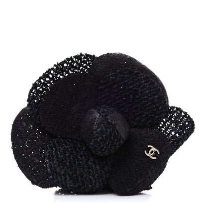 Chanel Tweed Camellia Pin Brooch Navy Blue 1 of 4