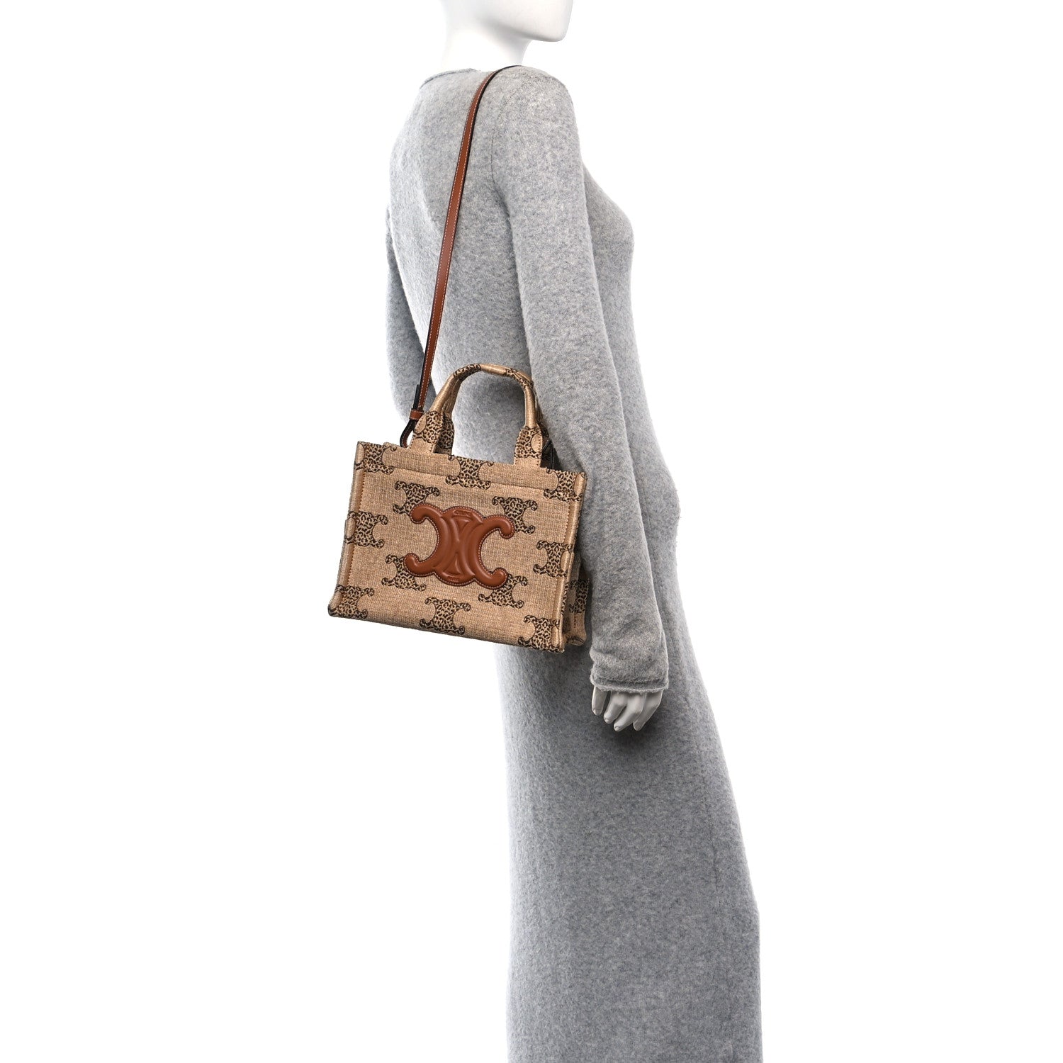 Celine Raffia Effect Leopard Calfskin Triomphe Small Cabas Thais Natural Tan 2 of 9