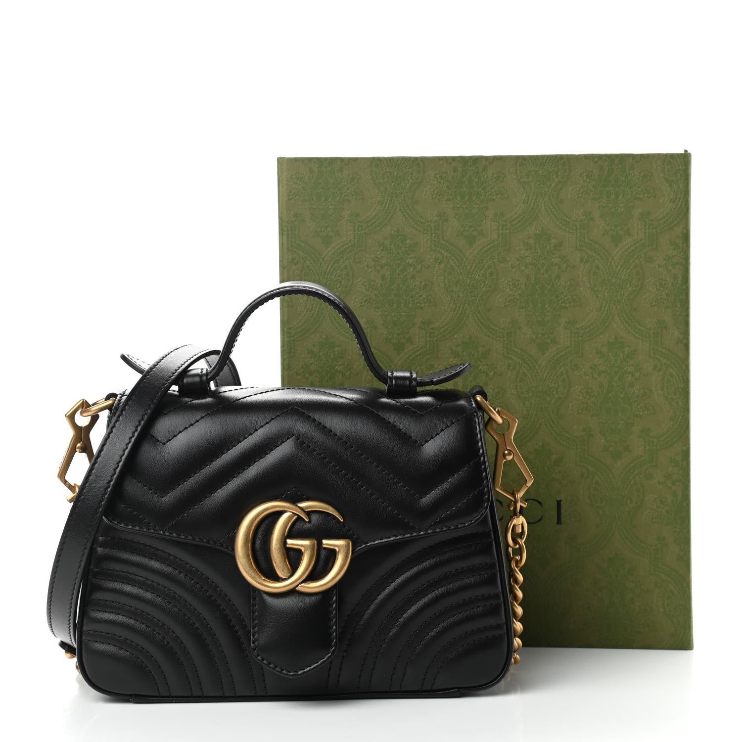 Gucci Calfskin Matelasse Mini GG Marmont Top Handle Shoulder Bag Black 10 of 10