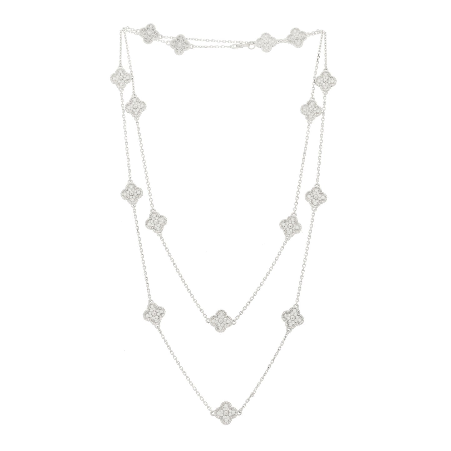 18K White Gold Diamond 16 Motifs Sweet Alhambra Necklace