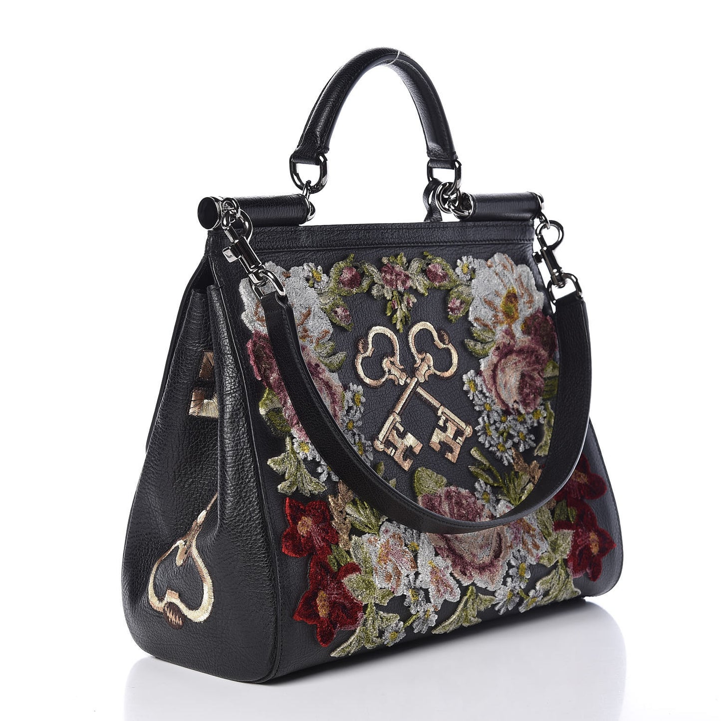 Calfskin Embroidered Keys Large Miss Sicily Satchel Black