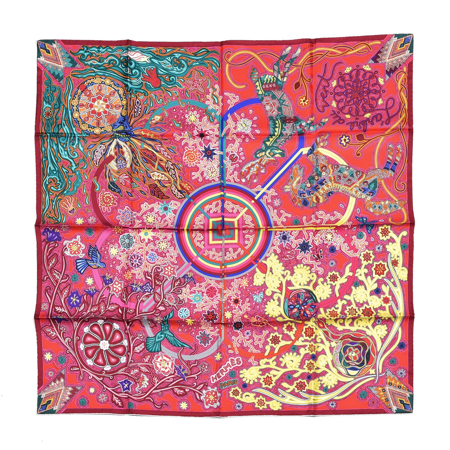 Hermes Silk Le Arbre Du Vent Scarf 90 Fuchsia Vert Jaune 1 of 5