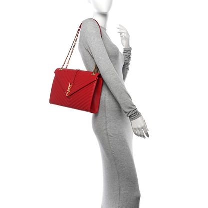 Saint Laurent Smooth Calfskin Matelasse Chevron Large Monogram Satchel Lipstick Red 2 of 13