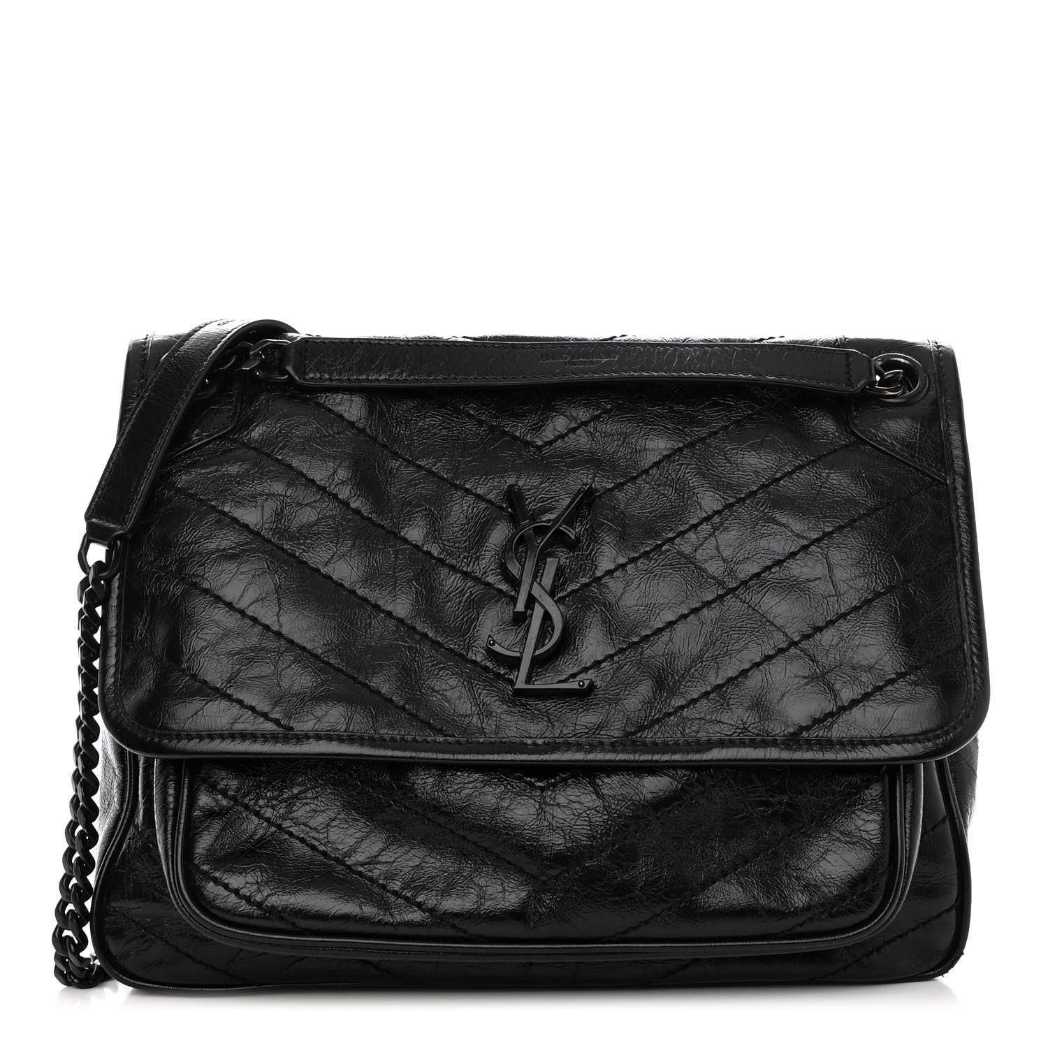 Saint Laurent Crinkled Calfskin Matelasse Monogram Medium Niki Chain Satchel Black 1 of 11