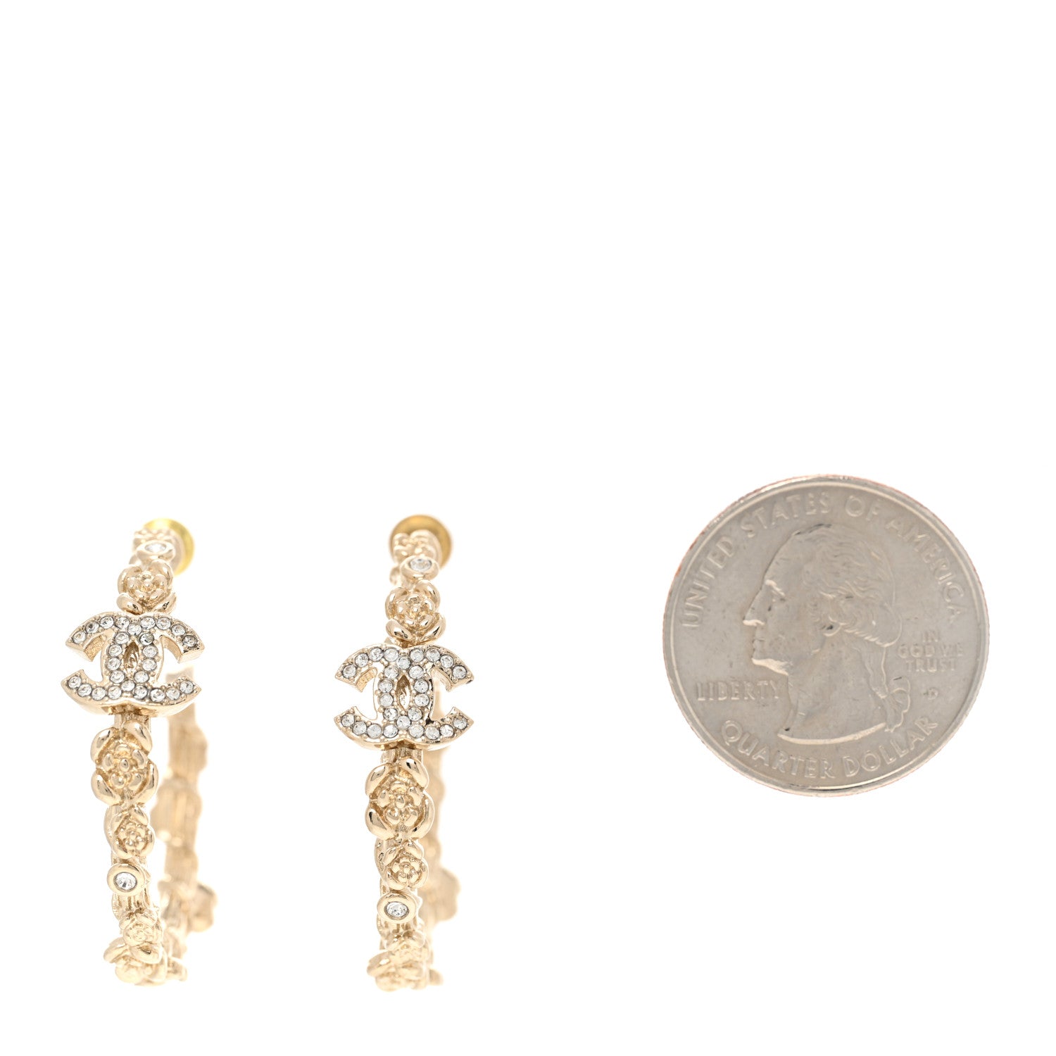 Chanel Crystal Camellia CC Hoop Earrings Gold 2 of 4