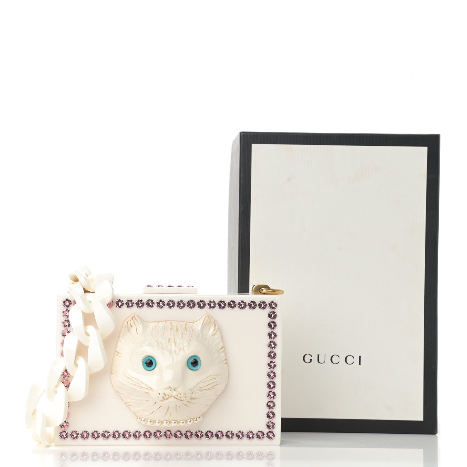 Gucci Plexiglass Crystal Cat Face Box Clutch White 14 of 14