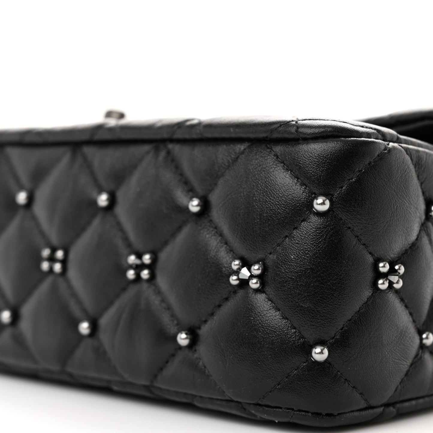 Lambskin Beaded Quilted Flower Double Flap Black