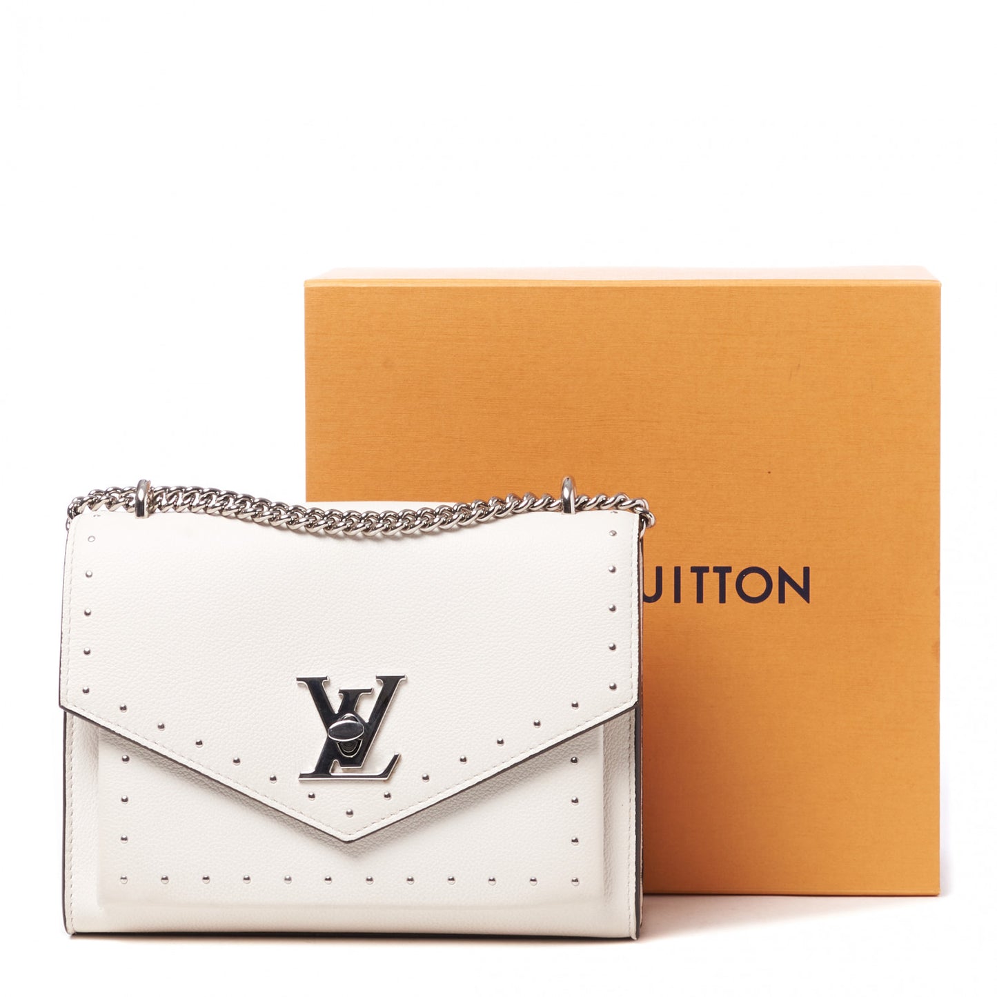 Soft Calfskin Studded Mylockme Chain Bag BB White