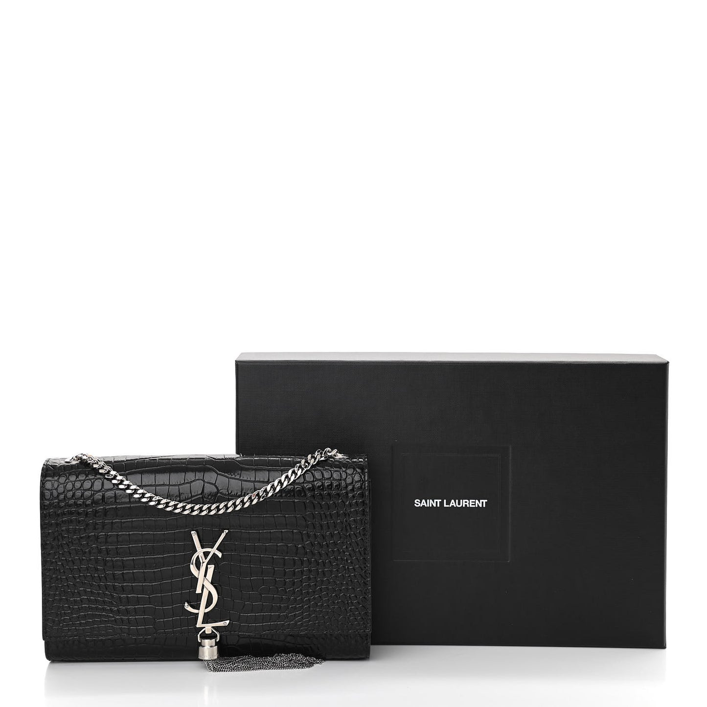 Calfskin Crocodile Embossed Medium Classic Monogram Kate Tassel Satchel Black