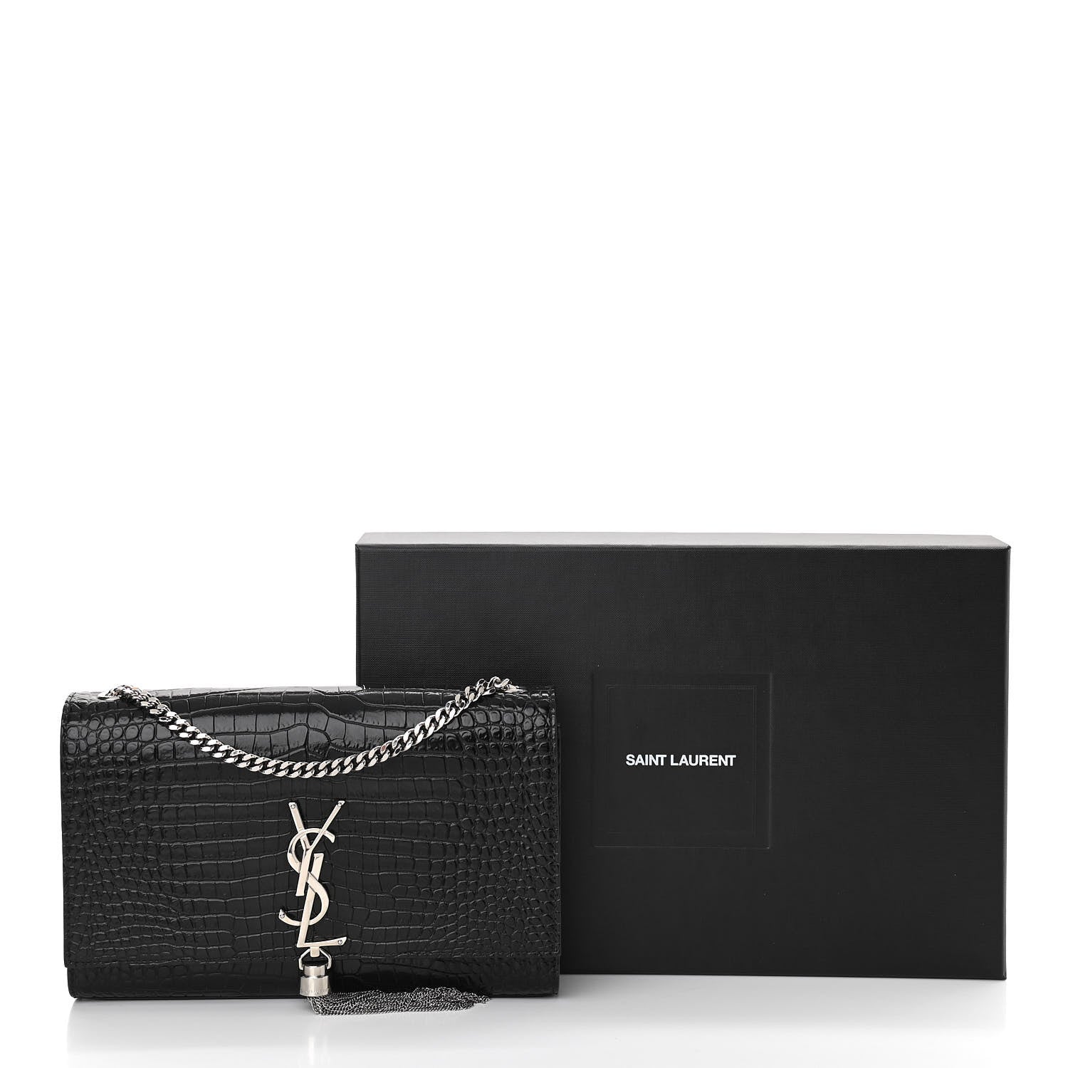Saint Laurent Calfskin Crocodile Embossed Medium Classic Monogram Kate Tassel Satchel Black 10 of 10