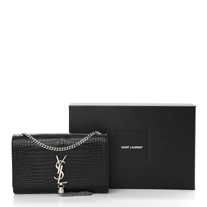 Saint Laurent Calfskin Crocodile Embossed Medium Classic Monogram Kate Tassel Satchel Black 10 of 10