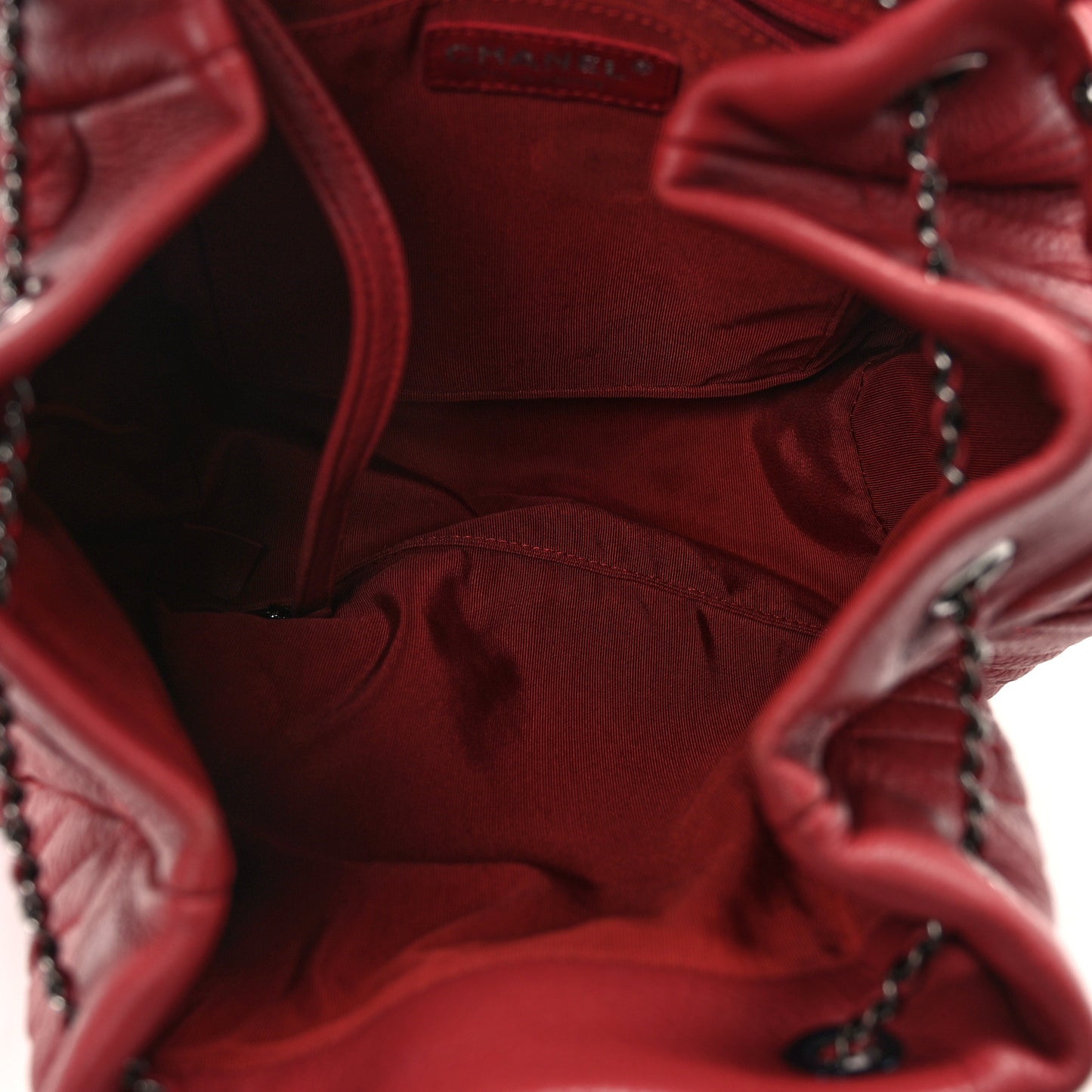 Deerskin Chevron Quilted Medium CC Chain Bucket Drawstring Bag Red