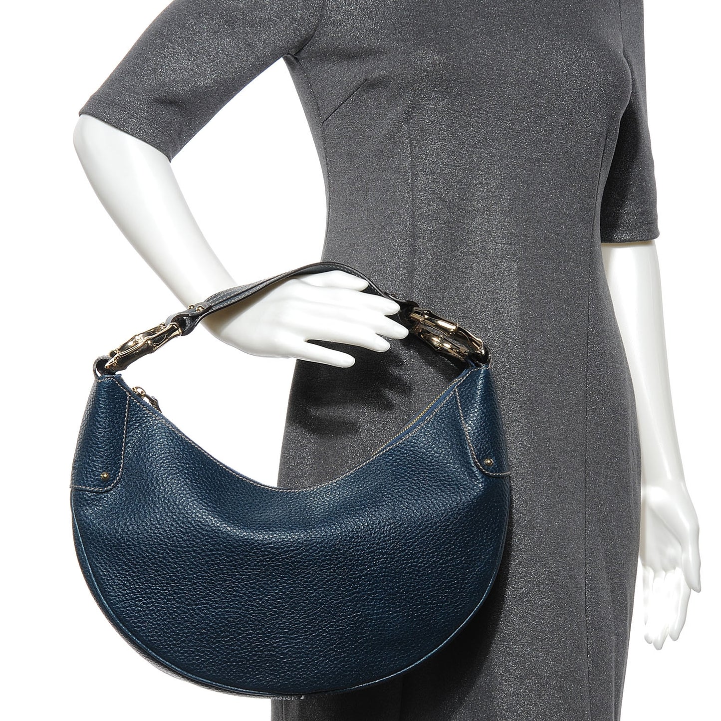 Leather Half Moon Bamboo Ring Hobo Blue