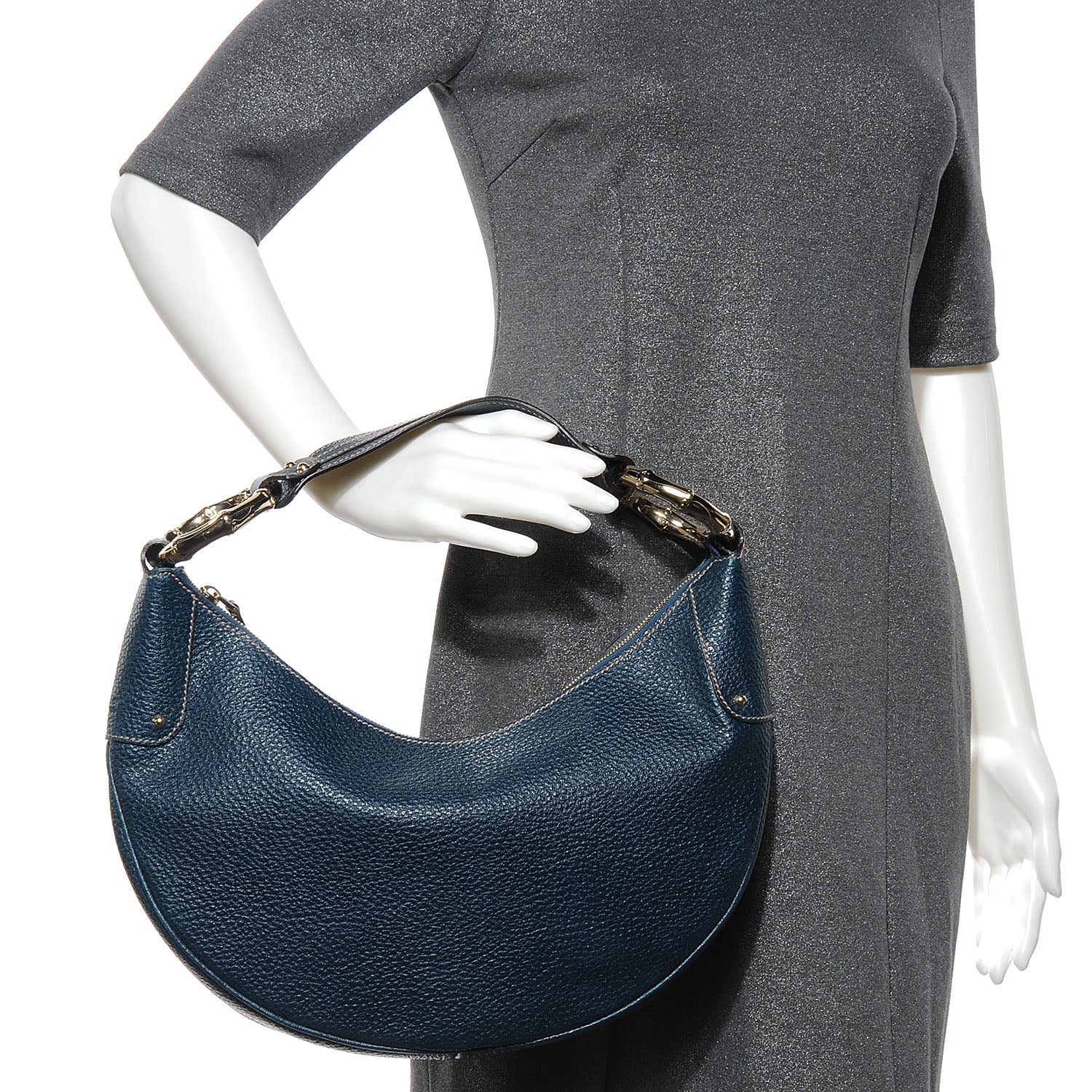 Gucci Leather Half Moon Bamboo Ring Hobo Blue 2 of 7