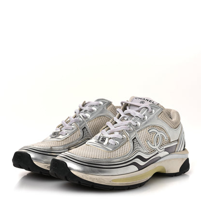 Chanel Fabric Laminated Calfskin Stretch CC Sneakers 39.5 White Silver 4 of 14