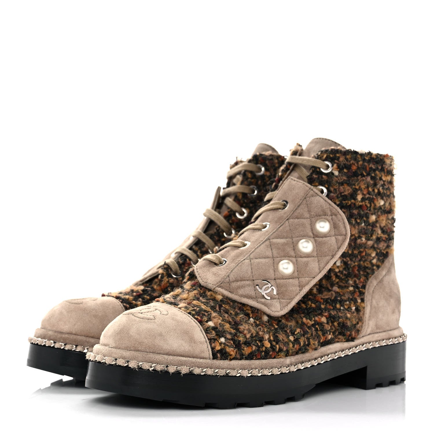 Chanel Tweed Suede Pearl Combat Short Boots 38.5 3 of 7