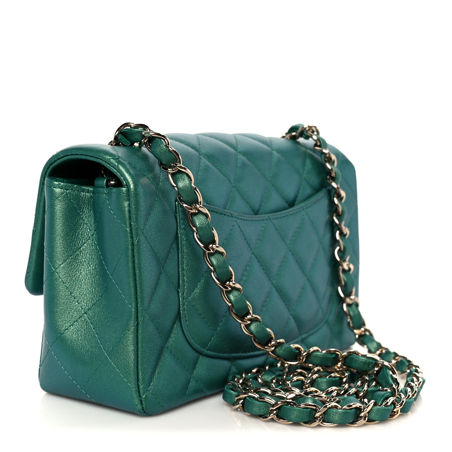 Iridescent Lambskin Quilted Mini Rectangular Flap Green