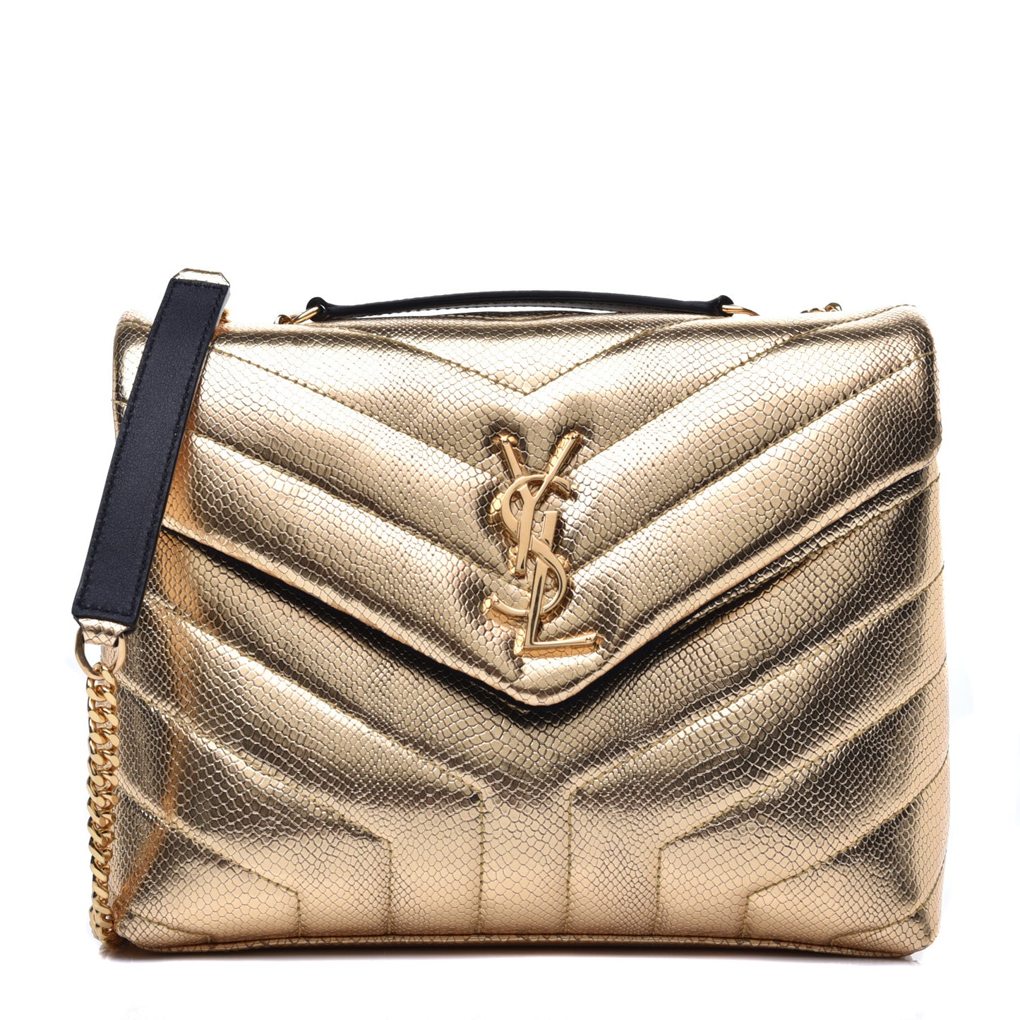 Snake Embossed Lame Y Quilted Small Loulou Monogram Chain Satchel Oro