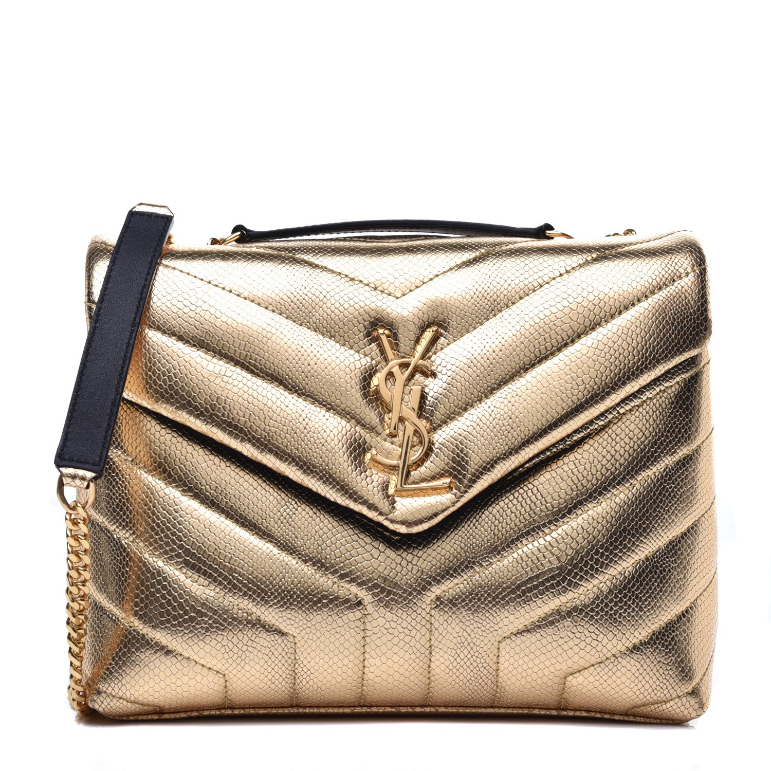 Saint Laurent Snake Embossed Lame Y Quilted Small Loulou Monogram Chain Satchel Oro 1 of 8