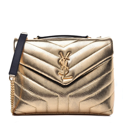 Saint Laurent Snake Embossed Lame Y Quilted Small Loulou Monogram Chain Satchel Oro 1 of 8