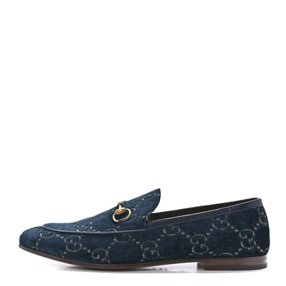 Gucci Velvet GG Monogram Horsebit Mens Jordaan Loafers 10.5 Blue Beige 1 of 8