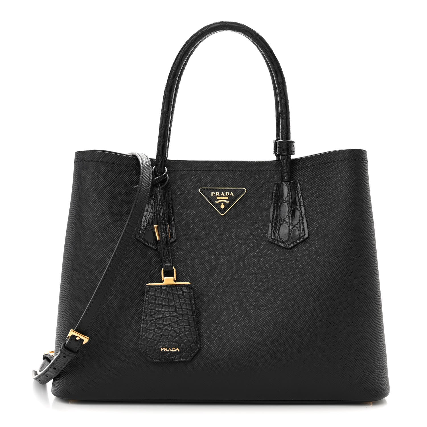 Prada Saffiano Cuir Crocodile Medium Double Bag Black 1 of 10