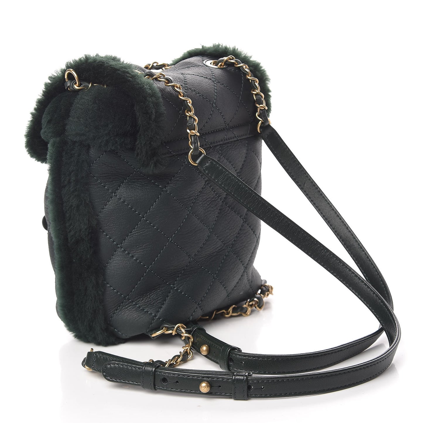 Lambskin Shearling Quilted CC Backpack Dark Green