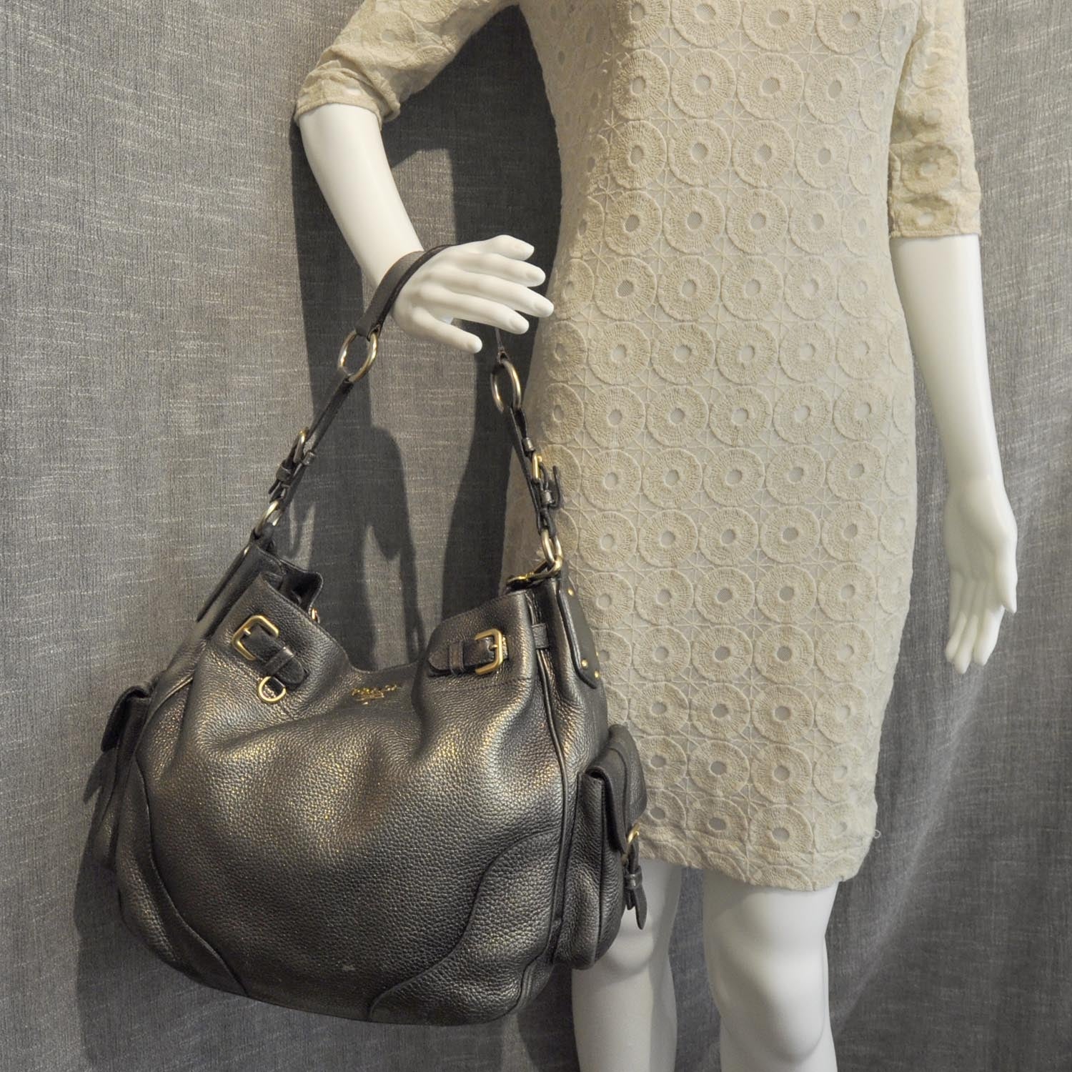 Prada Vitello Daino Pocket Hobo Grey 6 of 11