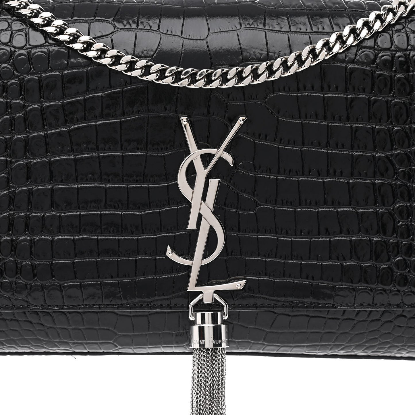 Calfskin Crocodile Embossed Medium Classic Monogram Kate Tassel Satchel Black