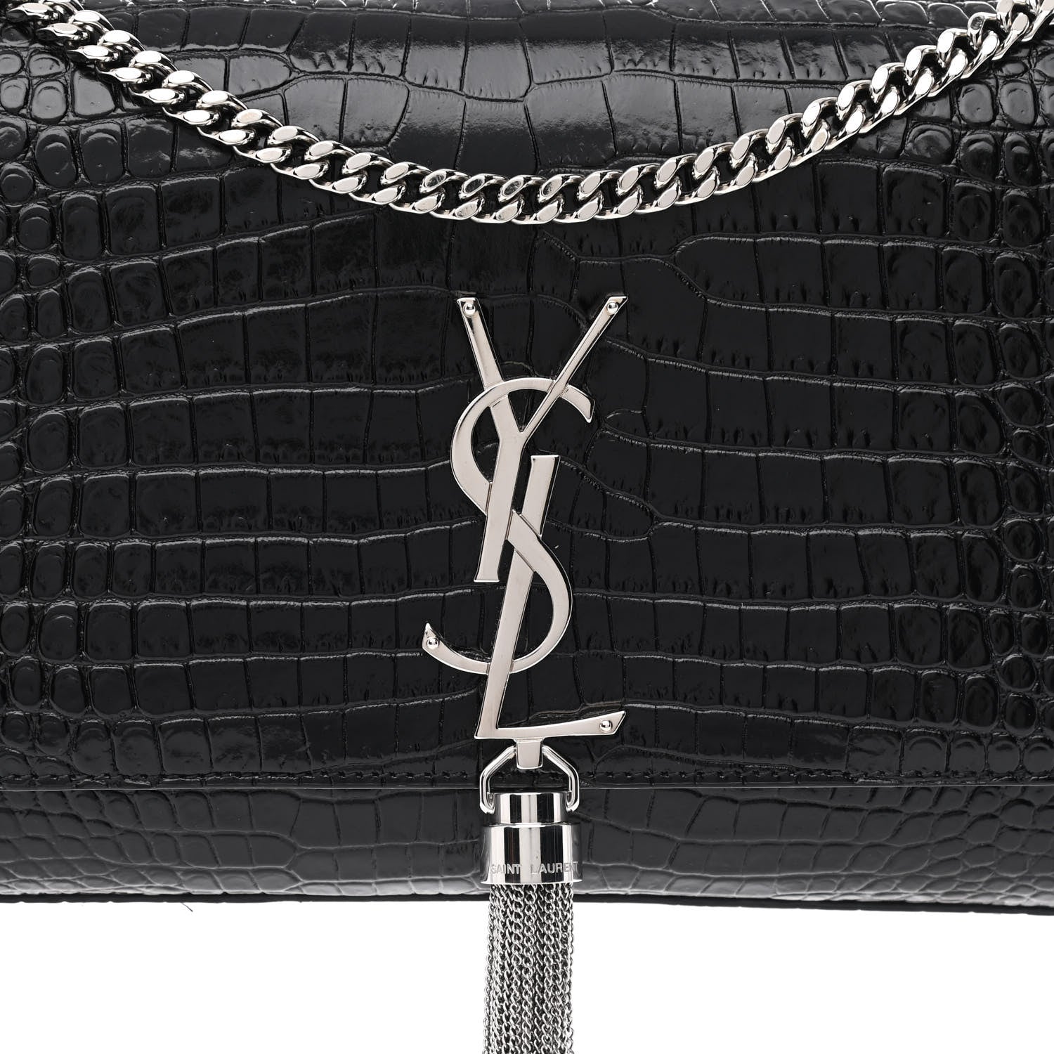 Saint Laurent Calfskin Crocodile Embossed Medium Classic Monogram Kate Tassel Satchel Black 9 of 11