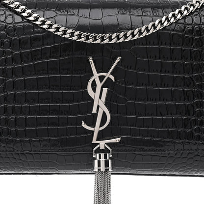 Saint Laurent Calfskin Crocodile Embossed Medium Classic Monogram Kate Tassel Satchel Black 9 of 11