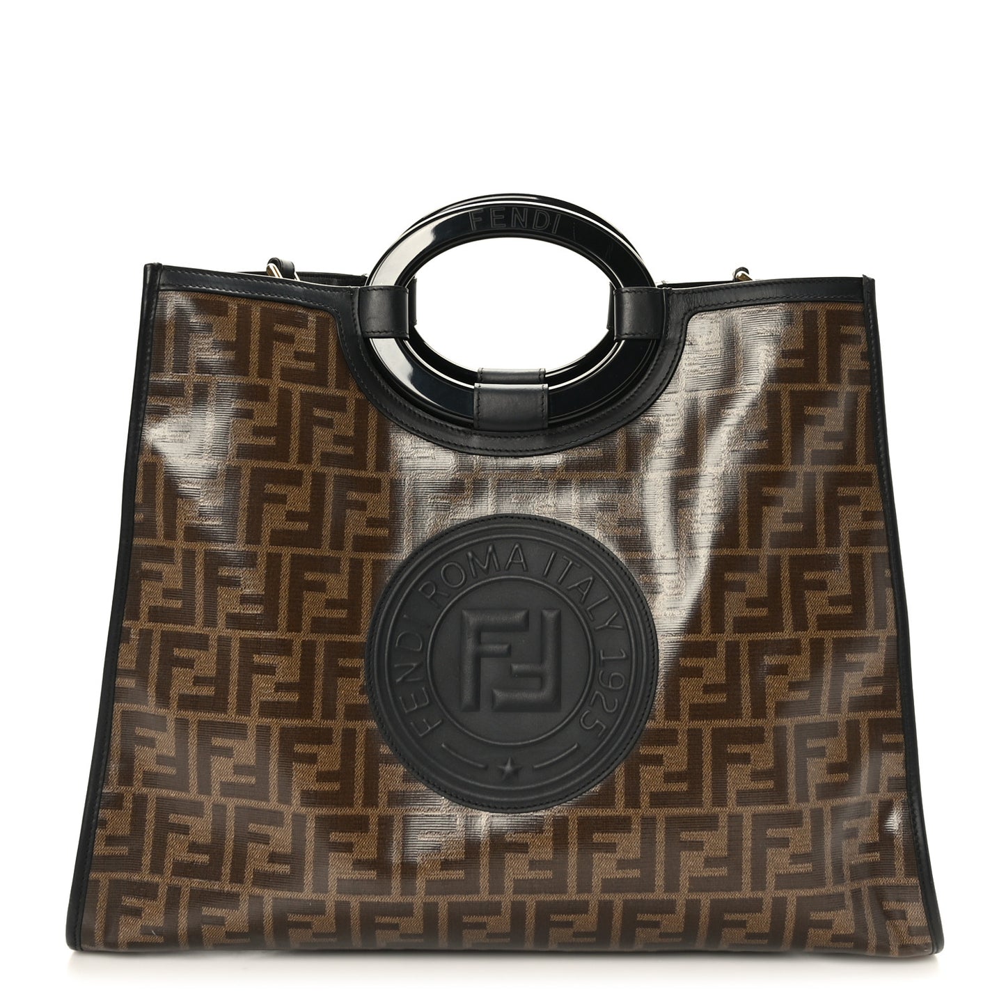 Glazed Fabric Vitello Century Plexiglass FF 1974 Stamp Patch Medium Runaway Shopper Tote Mogano Panna Black