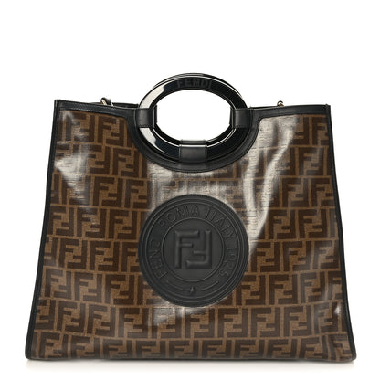 Fendi Glazed Fabric Vitello Century Plexiglass FF 1974 Stamp Patch Medium Runaway Shopper Tote Mogano Panna Black 1 of 9