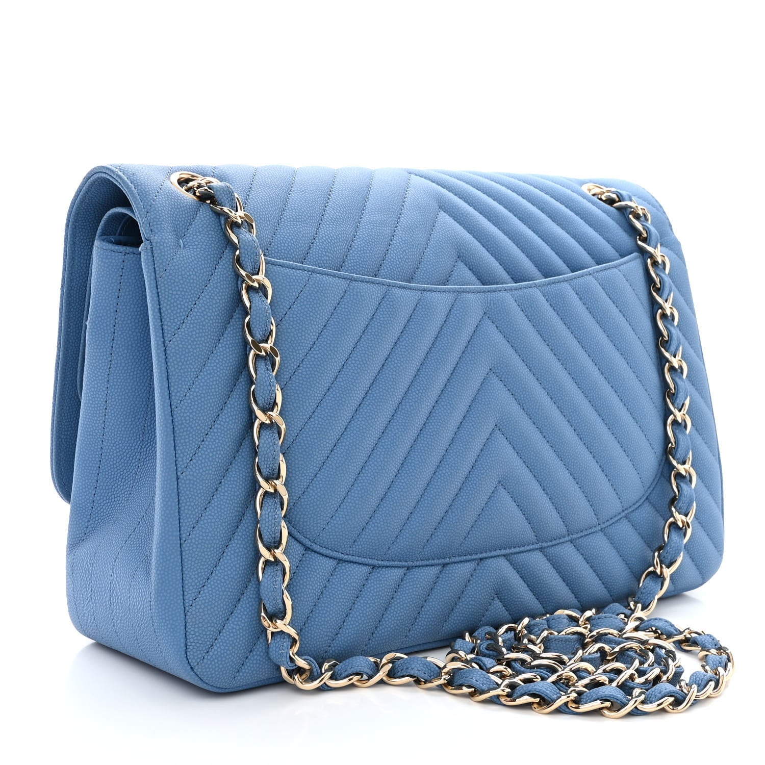 Chanel Caviar Flat Chevron Quilted Jumbo Double Flap Blue 3 of 12