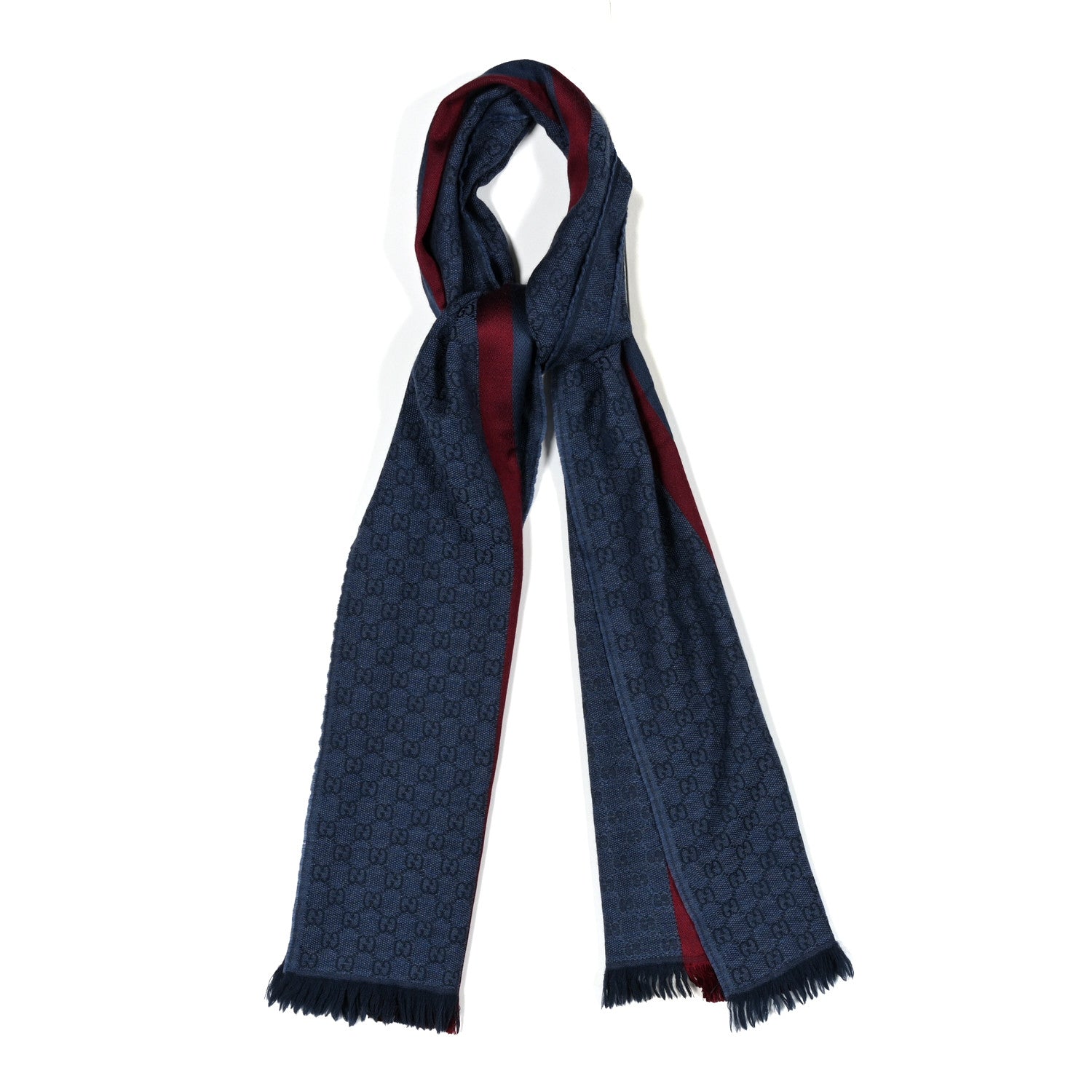 Gucci Wool Silk GG Monogram Web Verbiere Fringe Scarf Navy Blue 1 of 3