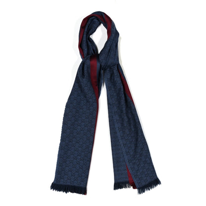 Gucci Wool Silk GG Monogram Web Verbiere Fringe Scarf Navy Blue 1 of 3