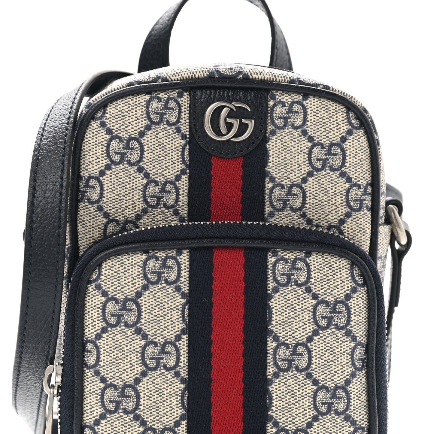 GG Supreme Monogram Textured Dollar Calfskin Web Mini Ophidia Double Zip Messenger Bag Beige Blue