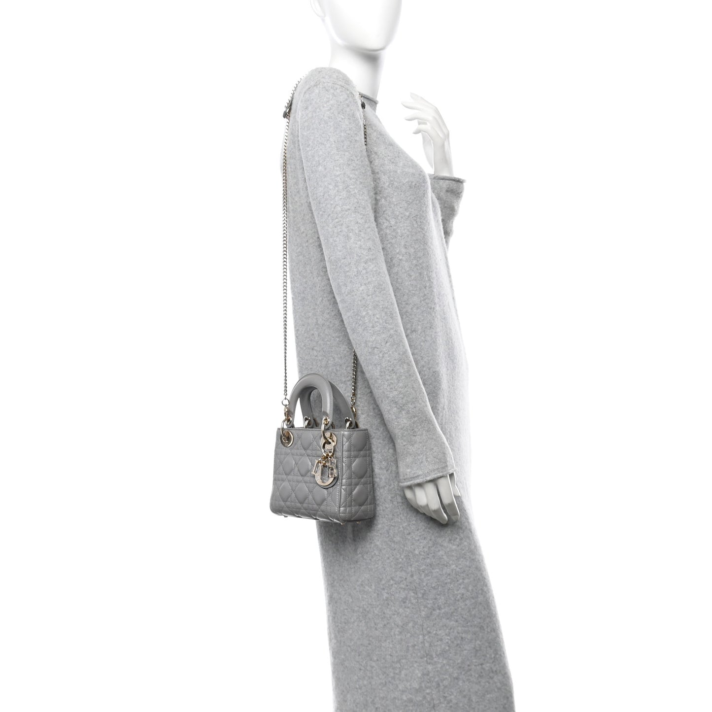 Metallic Lambskin Cannage Mini Lady Dior Grey
