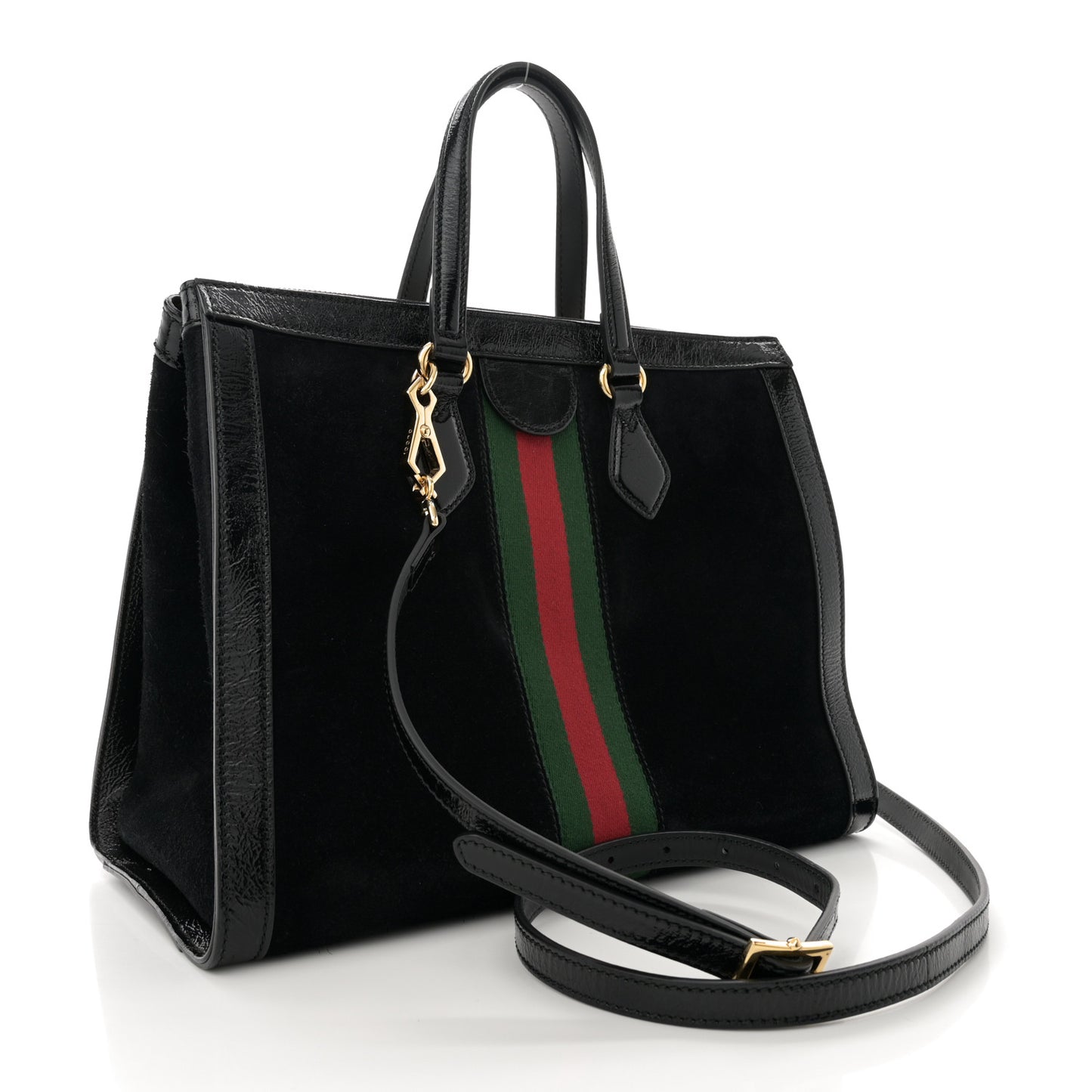 Suede Patent GG Web Medium Ophidia Tote Bag Black