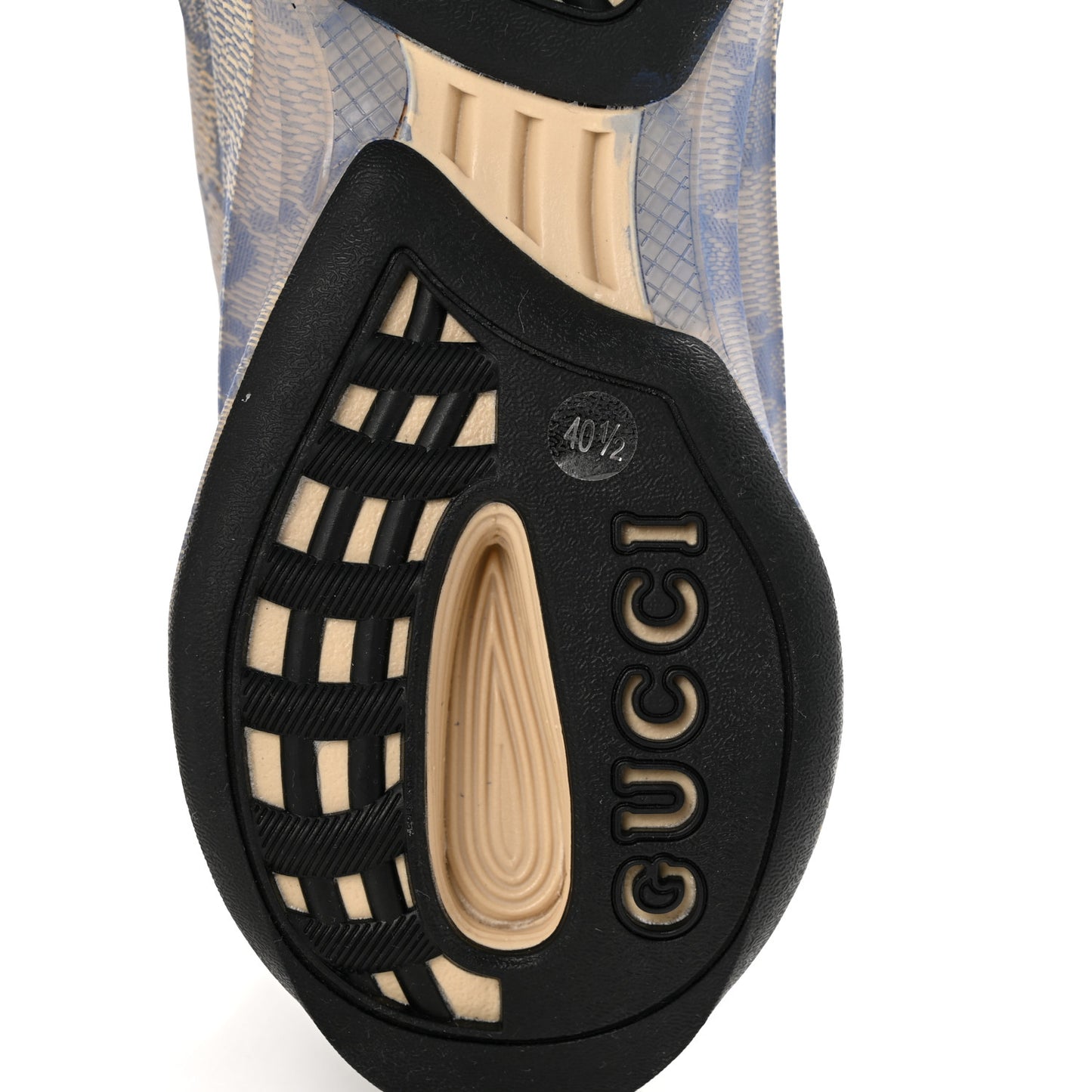 Ultralight Plume Calfskin Monogram Printed Womens Gucci Run Sneakers 40.5 Beige Blue