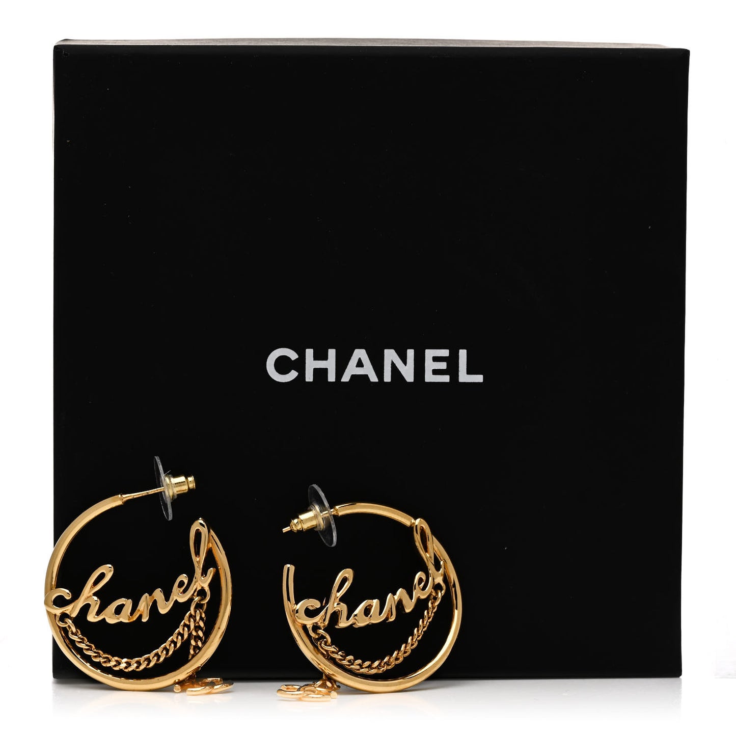Metal Chain CC Hoop Earrings Gold